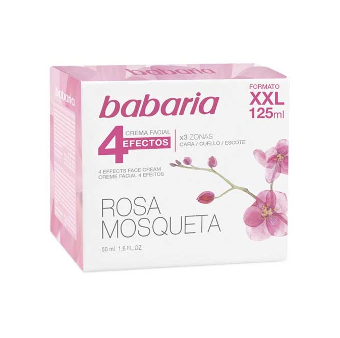 babaria-crema-facial-4-efectos-xxl-rosa-mosqueta.jpeg کرم 4کاره آبرسان, مغذی, ضدچروک و روشن کننده باباریا Babaria حاوی عصاره گل رز 125 میل - تصویر 1